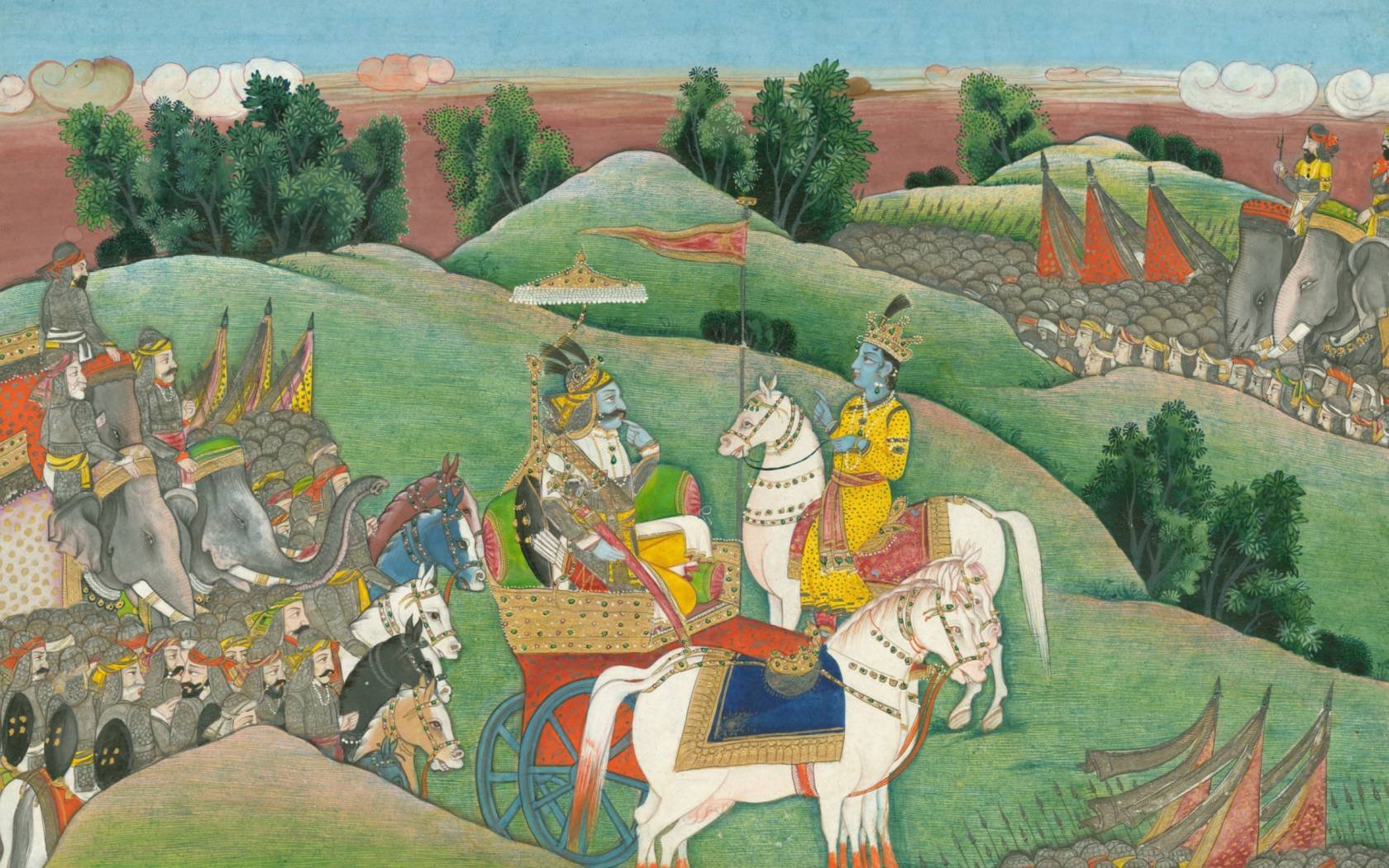 The dialogue between Lord Krishna and Arjuna in the Bhagavad Gita.