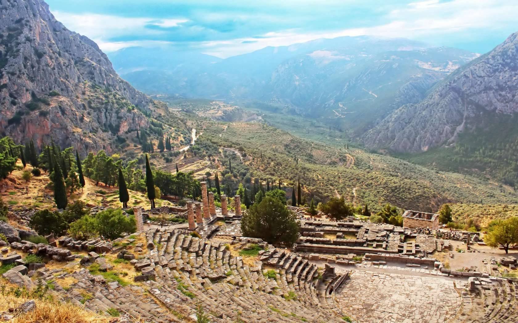 The ancient theatre and ruins in Delphi, Greece.