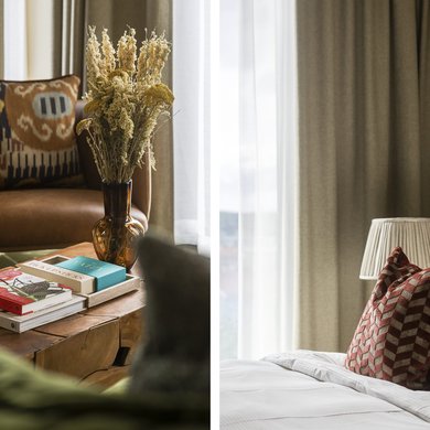 Detaljbilder på fåtölj och kudde i juniorsviten