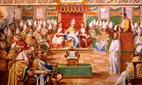 A fresco depicting the First Council of Nicaea from the Sistine hall of the Vatican Library.