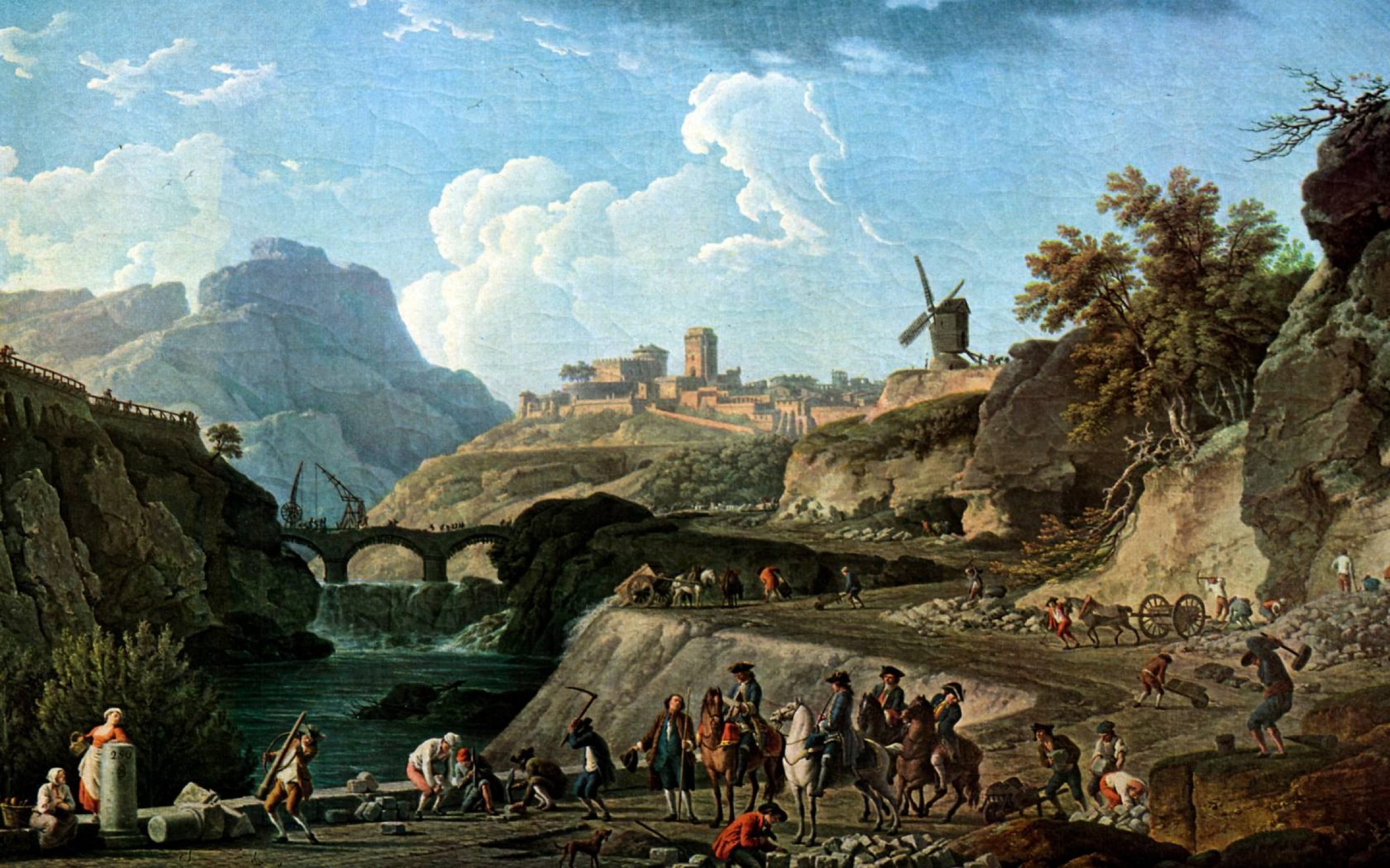 Construction of highway, eighteenth century France Engineers on horseback inspecting the work, a painting Claude-Joseph Vernet, 1775. Credit: Lebrecht Music & Arts / Alamy Stock Photo.