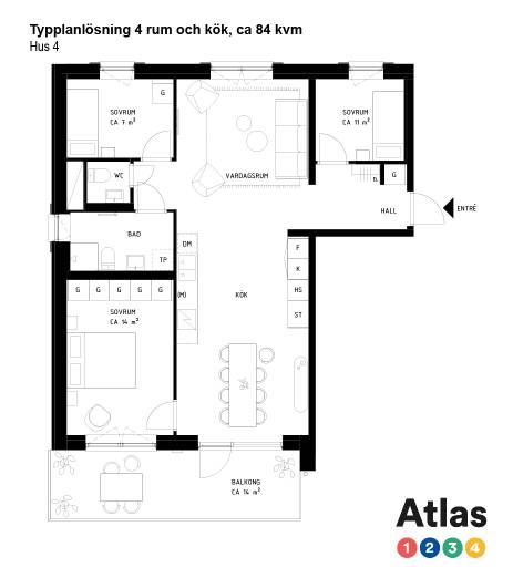 Typplanlösning Hus 4, 4 rum och kök