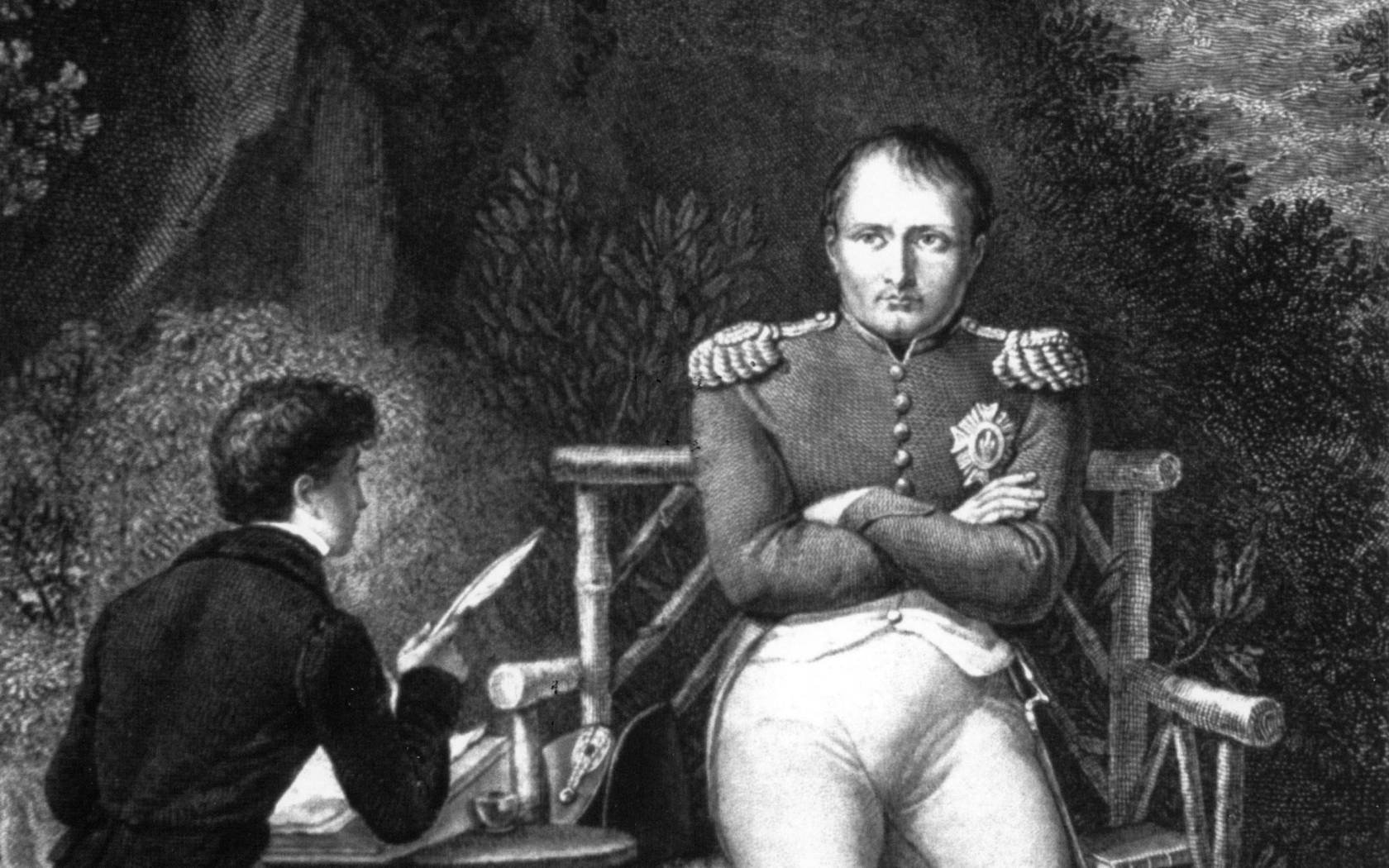 Napoleon in exile on St Helena dictates his memoirs to the French writer and geographer Emmanuel Comte de Las Cases.