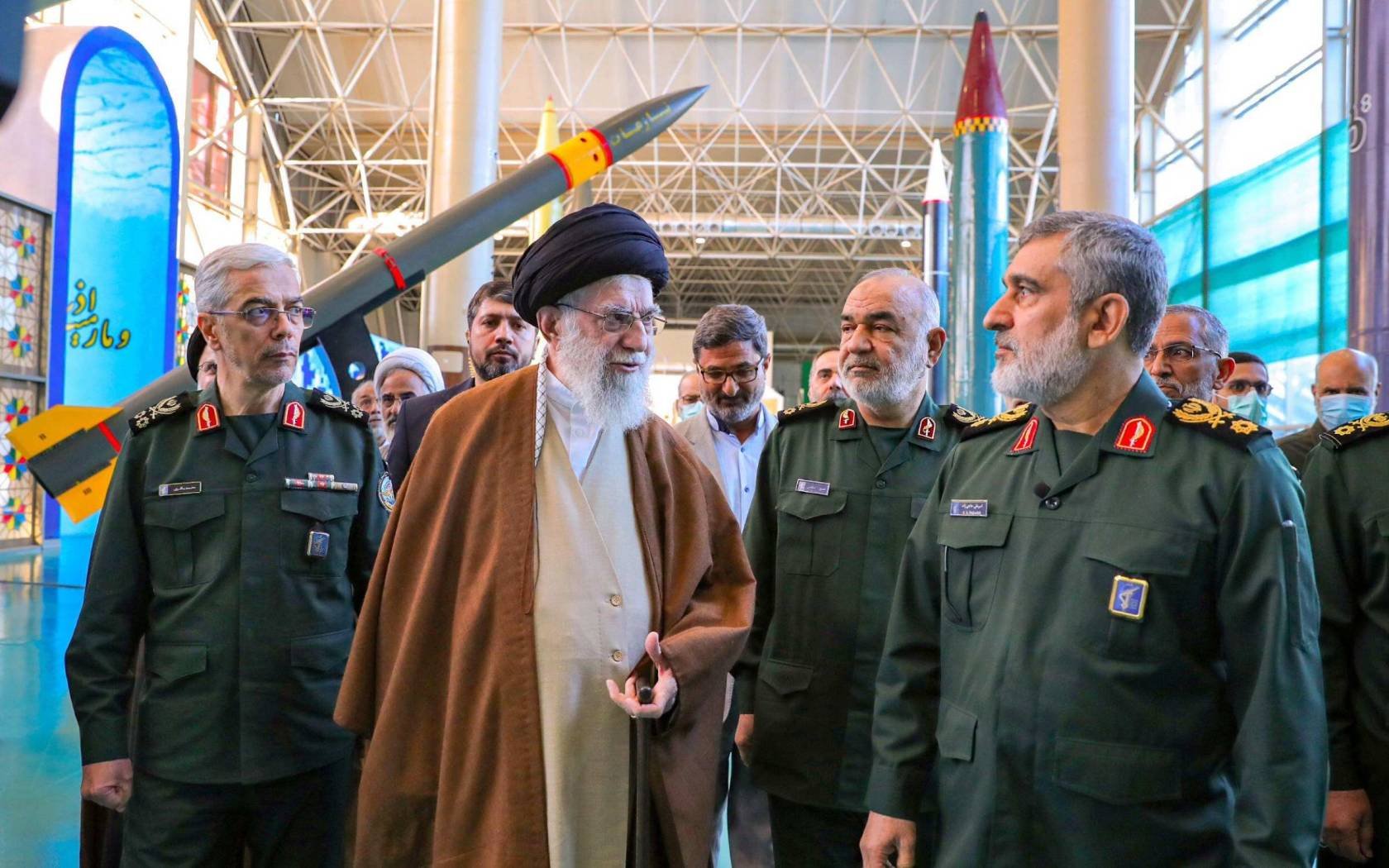 Iranian Supreme Leader Ayatollah Ali Khamenei visiting the Islamic Revolutionary Guard Corps (IRGC) Aerospace Achievement Exhibition at Ashura Aerospace Science and Technology University (2023).