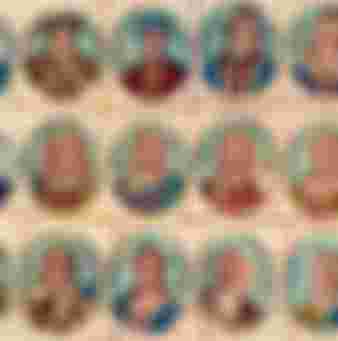 A jigsaw puzzle from the early nineteenth century, bearing representations of the Kings and Queens of England from William I to George IV.