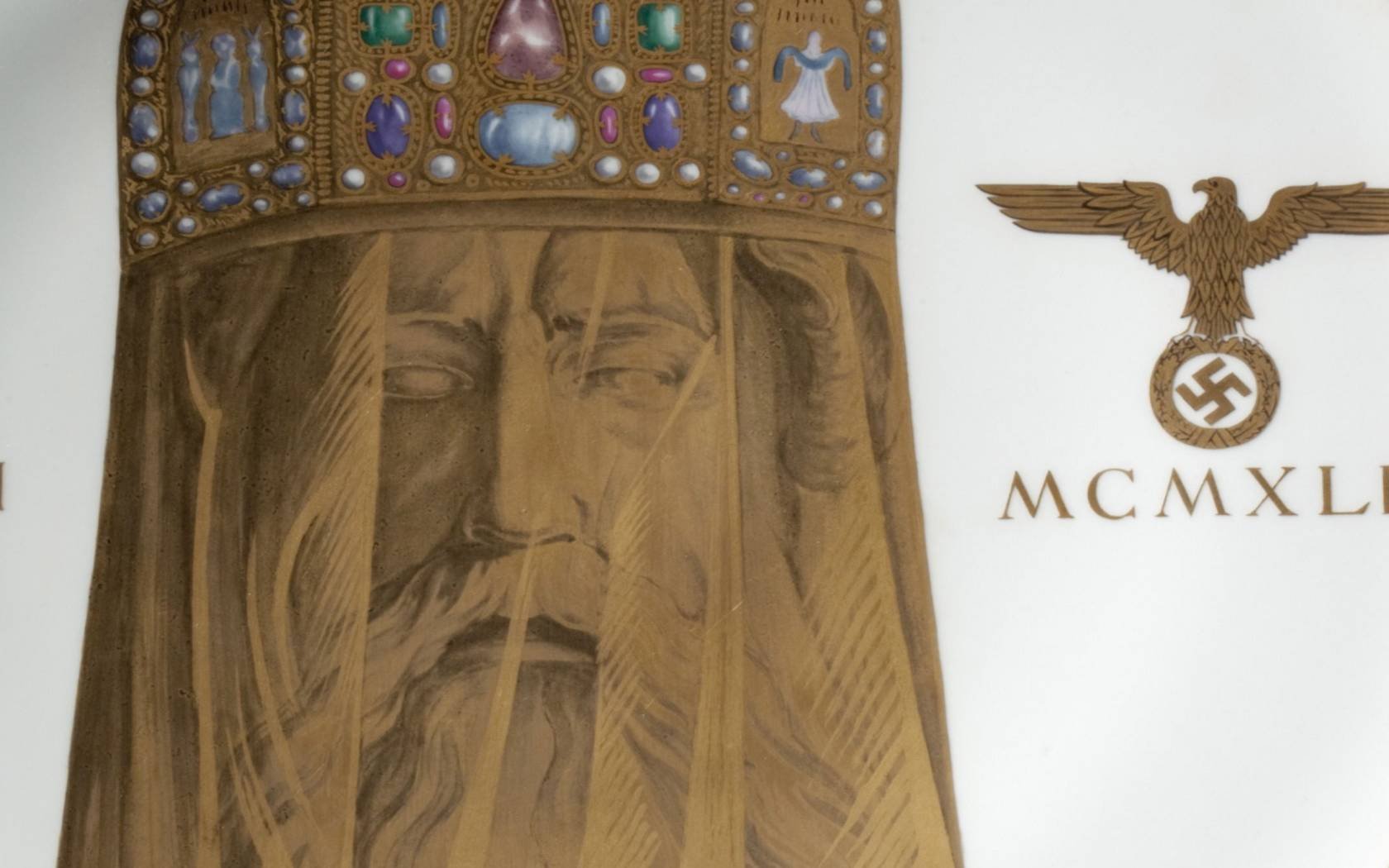 A large Sèvres presentation plate celebrating Nazism's alleged debt to Charlemagne.