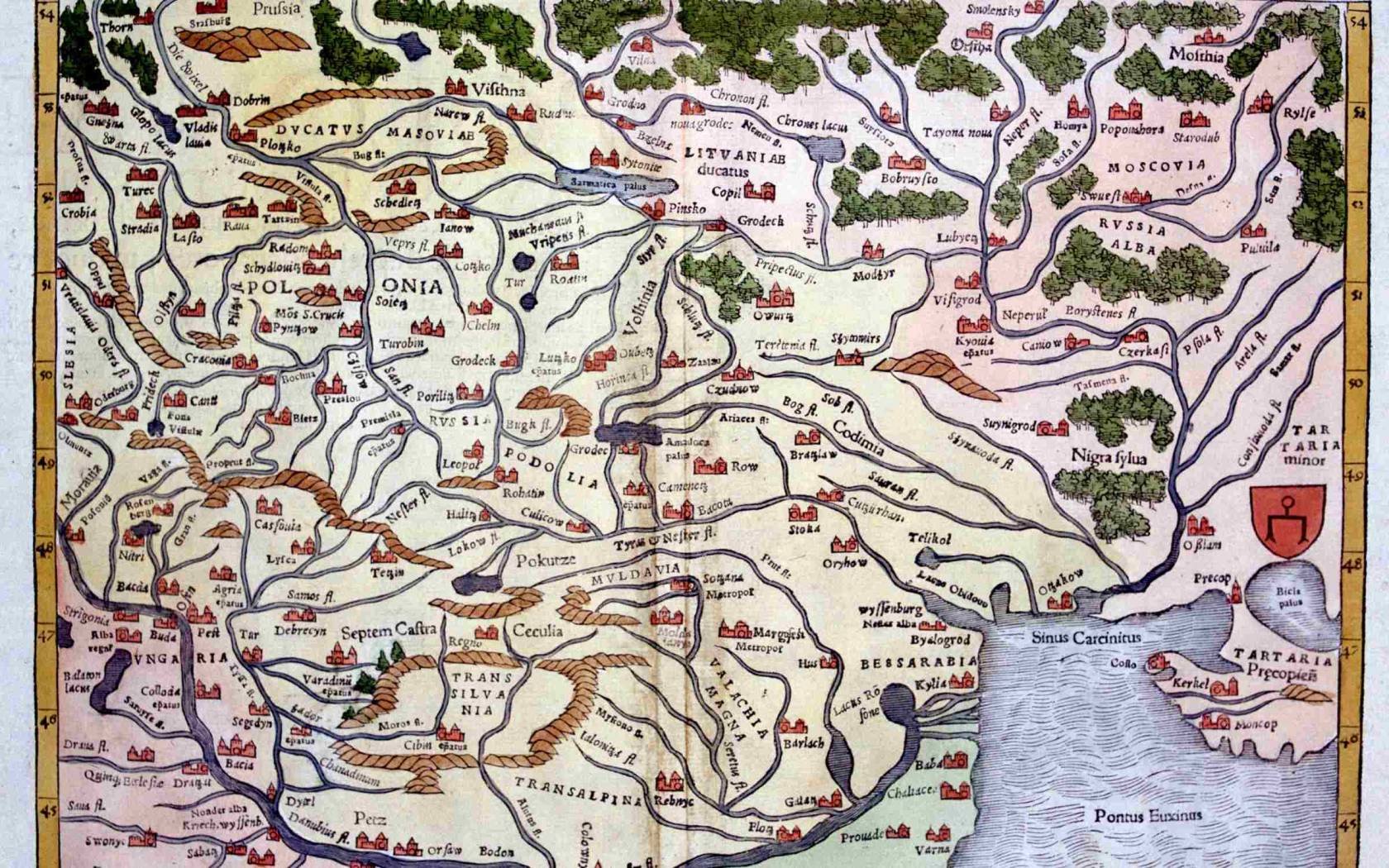 A 16th-century map of Eastern Europe, showing the lands of Poland, Lithuania, Hungary and Muscovy.