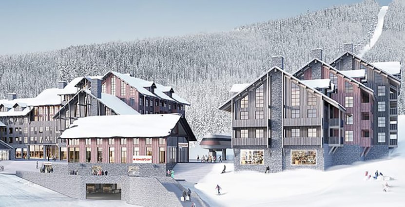 170 lägenheter ska byggas i det planerade bostadskomplexet Skistar Lodge Åre. Foto: Krook & Tjäder (skiss)
