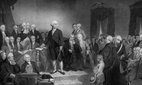Washington delivering his inaugural address April 1789, in the old city hall, New York City.