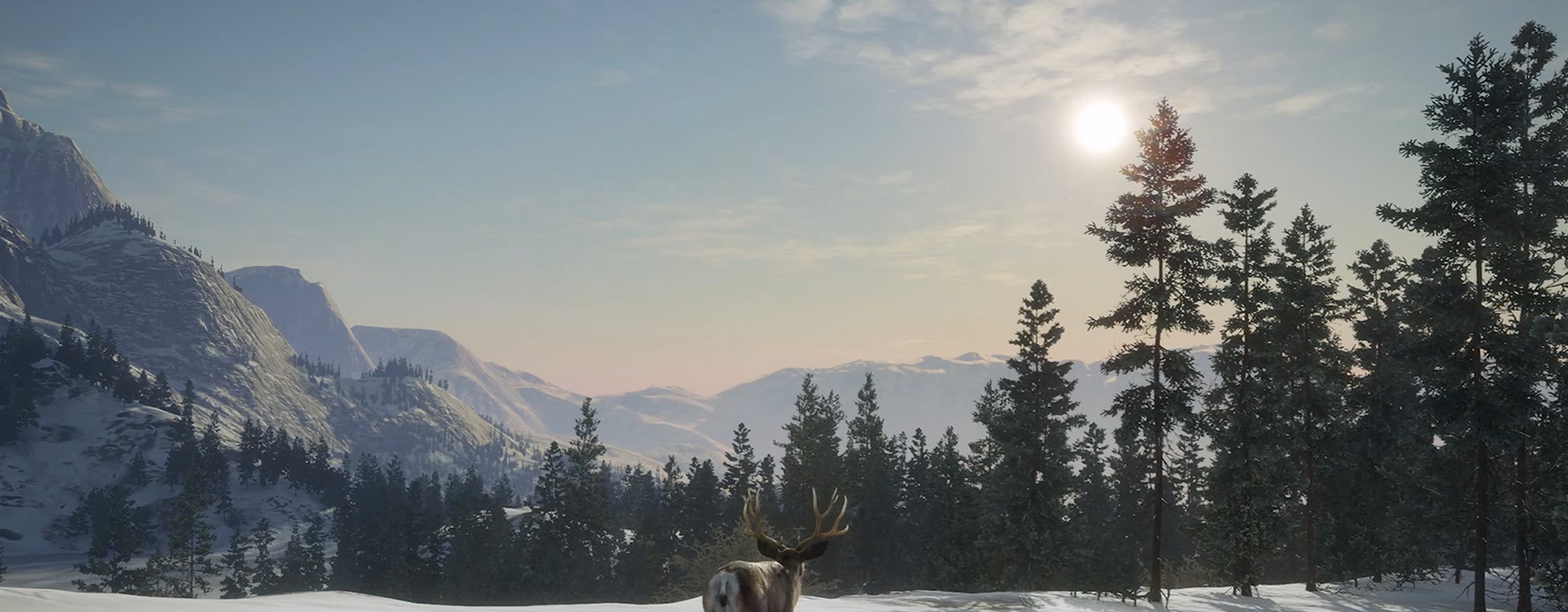 A deer with a light dusting of snow on its fur walking through a snowy meadow with mountains in the background. This is a screenshot from Askiy Ridge, the newly announced hunting Preserve in Alberta Canada from The Hunter Call of the Wild