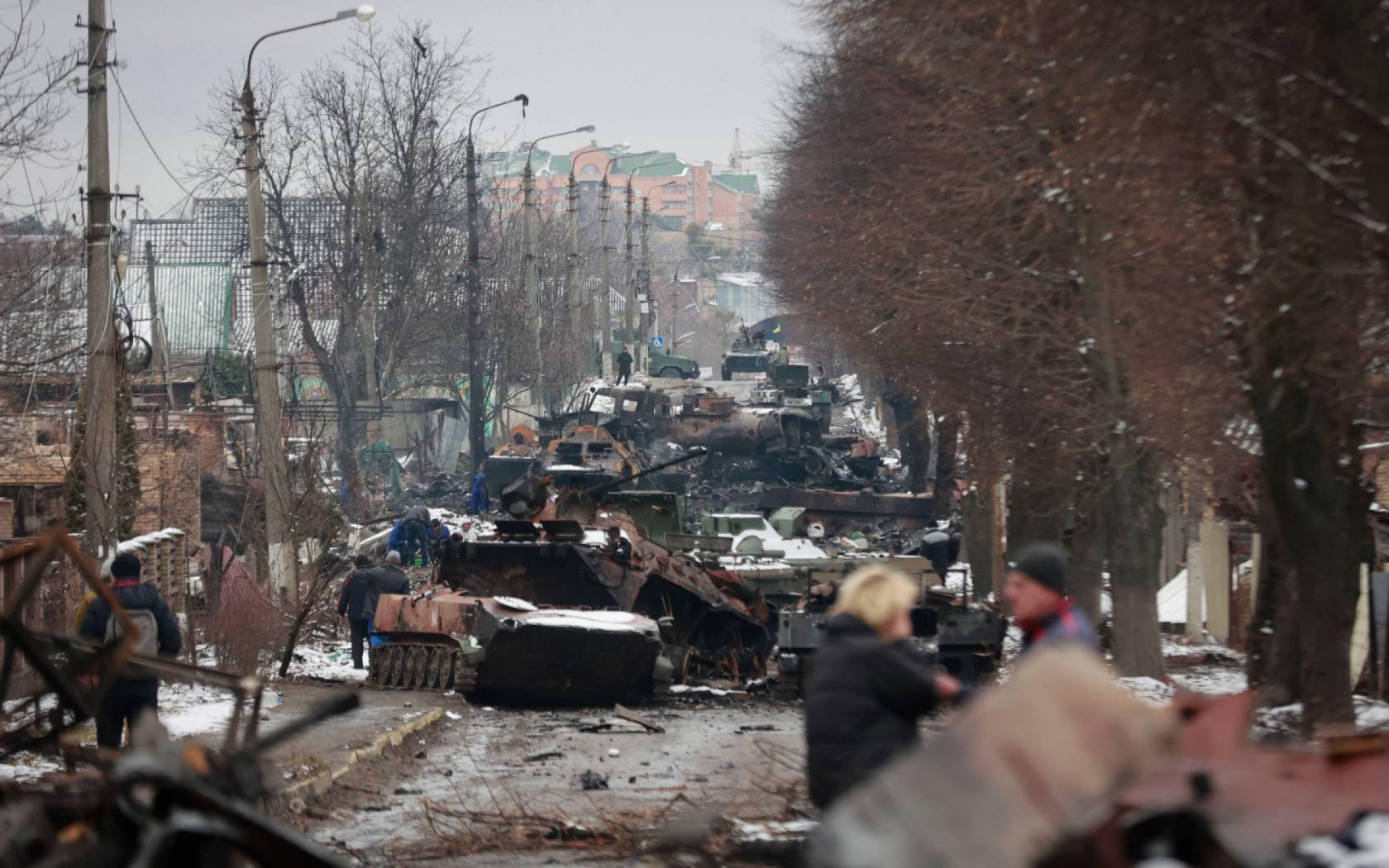 The remains of a Russian tank regiment in Bucha, Ukraine on the 1st of March 2022 after it was attacked by Ukrainian forces.
