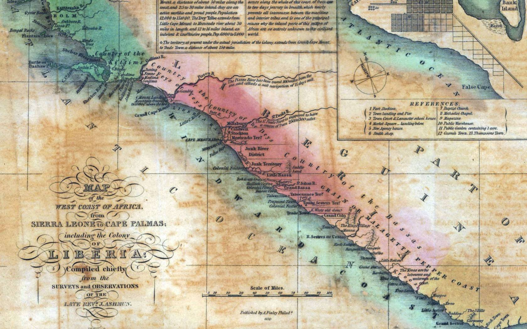 An American map of the West Coast of Africa from Sierra Leone to Cape Palmas, 'including the colony of Liberia'.