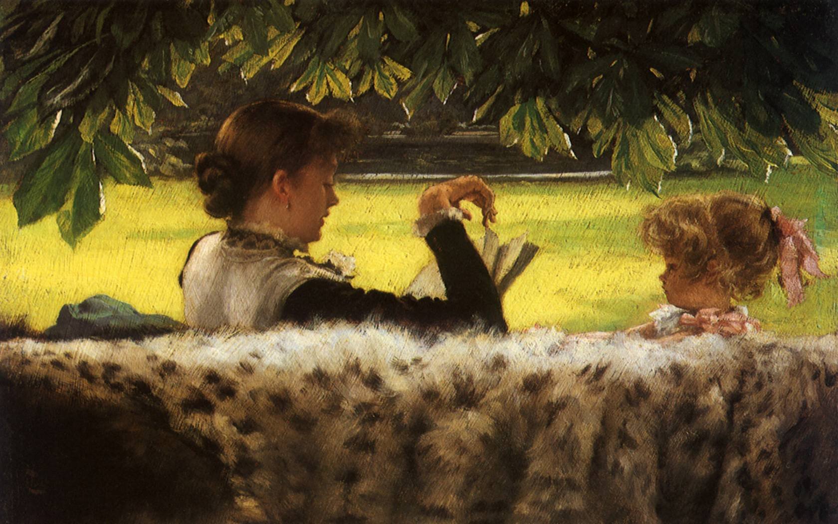 A painting of a mother reading to her daughter.
