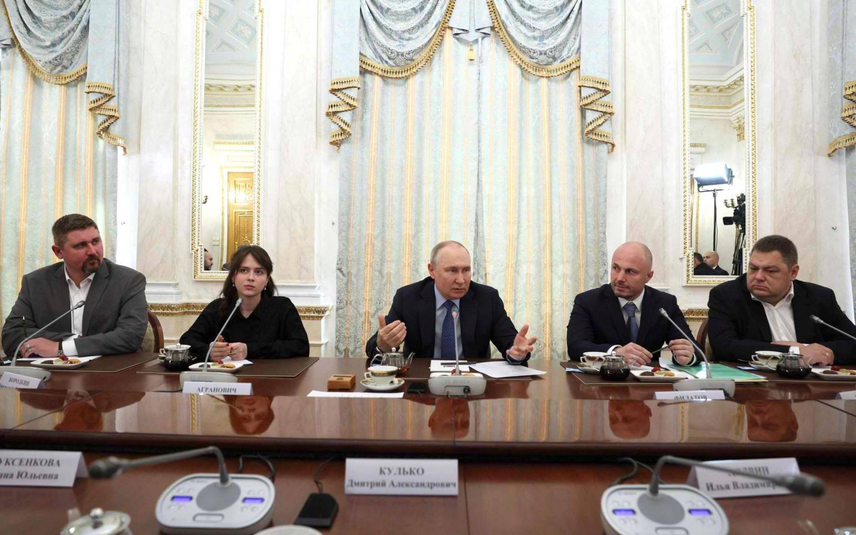 Russian President Vladimir Putin delivers remarks during a face-to-face meeting with Russian war correspondents and pro-Kremlin bloggers.