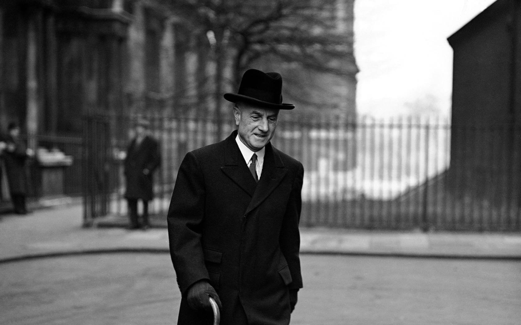 Britain's Home Secretary Sir Samuel Hoare arriving for a cabinet meeting in Downing Street, 1938.