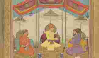 Akbar handing the imperial crown to Shah Jahan in the presence of Jahangir.