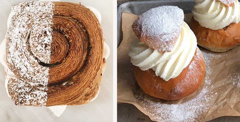 Kavlad semla av briochedeg och den  upcyclade semlan<br />
 från Fotografiska är två av årets nya semmelvarianter. Foto: Fotografiska, Magnus Johansson Bageri & Konditori