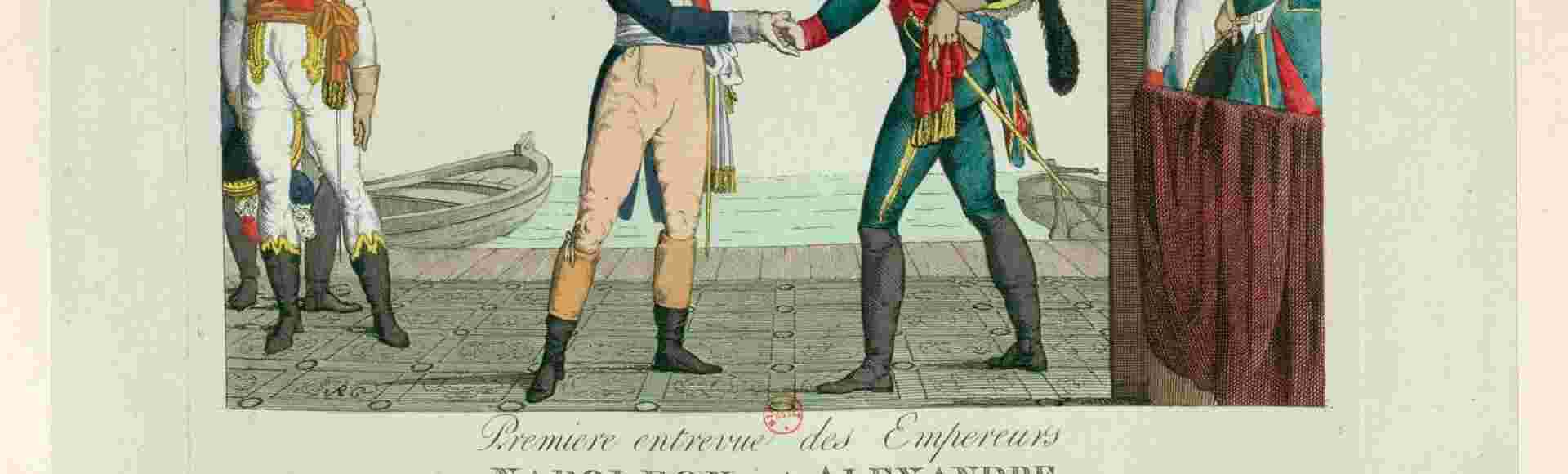An engraving showing Napoleon I and Alexander I meeting on a raft on the Niemen River at Tilsit on 25 June 1807.