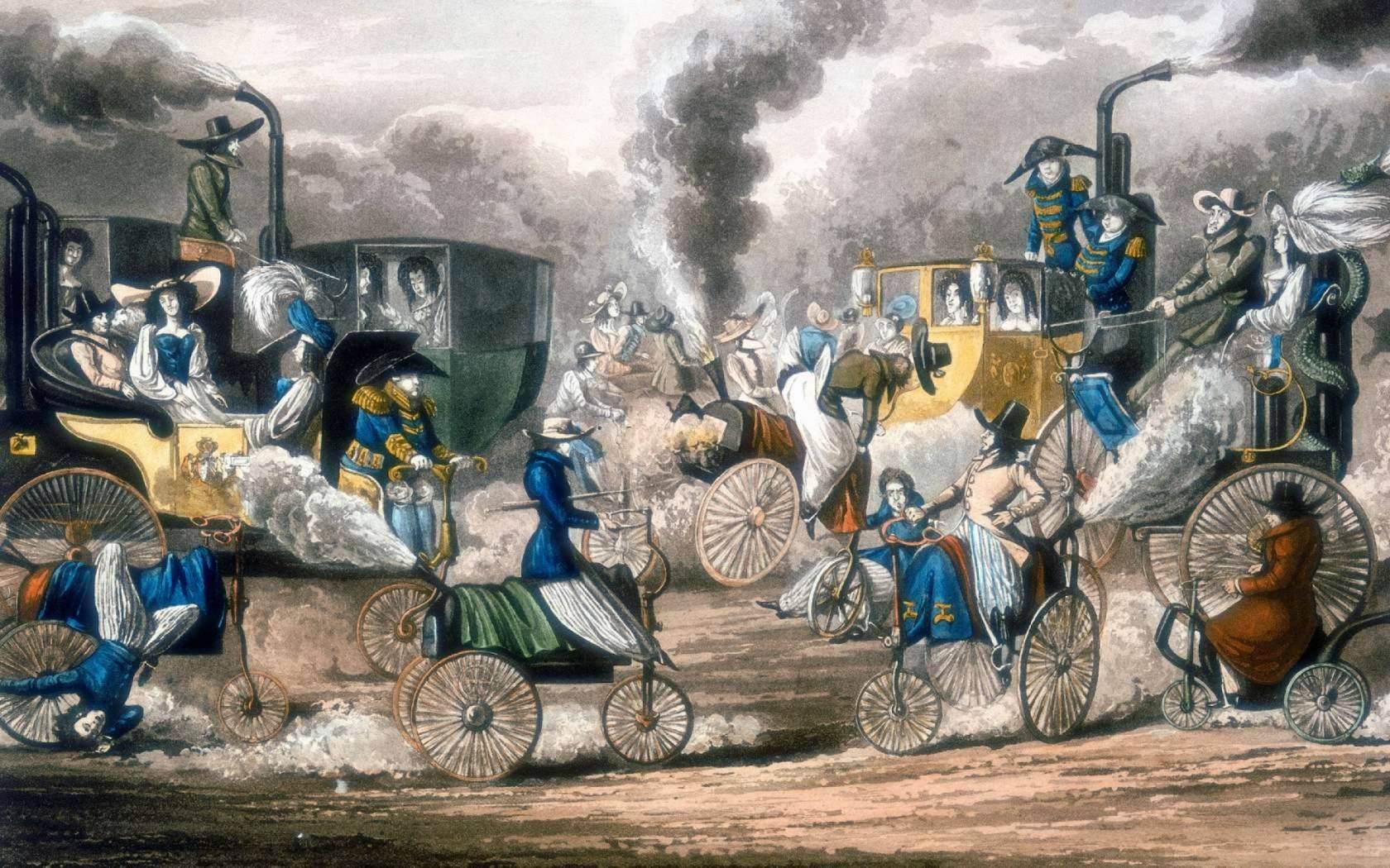 'The Progress of Steam. A View in Regent's Park, 1831', 1828. Steam-powered coaches, horses, tricycles, including one with body like a teapot, are speeding along or blowing up and causing traffic chaos in Regent's Park, London. Aquatint after Henry Alken (1774-1851)