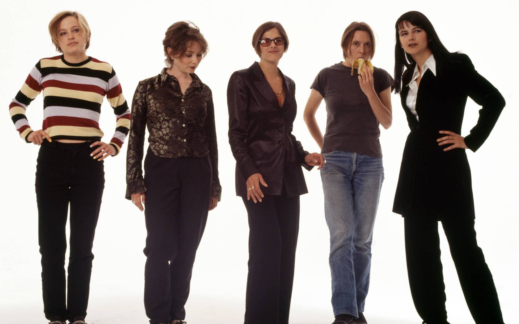 British visual artists (L-R) Angela Bulloch, Georgina Starr, Tracey Emin, Sarah Lucas and Gillian Wearing, who are part of the group known as the Young British Artists, photographed on 16th July, 1996.
