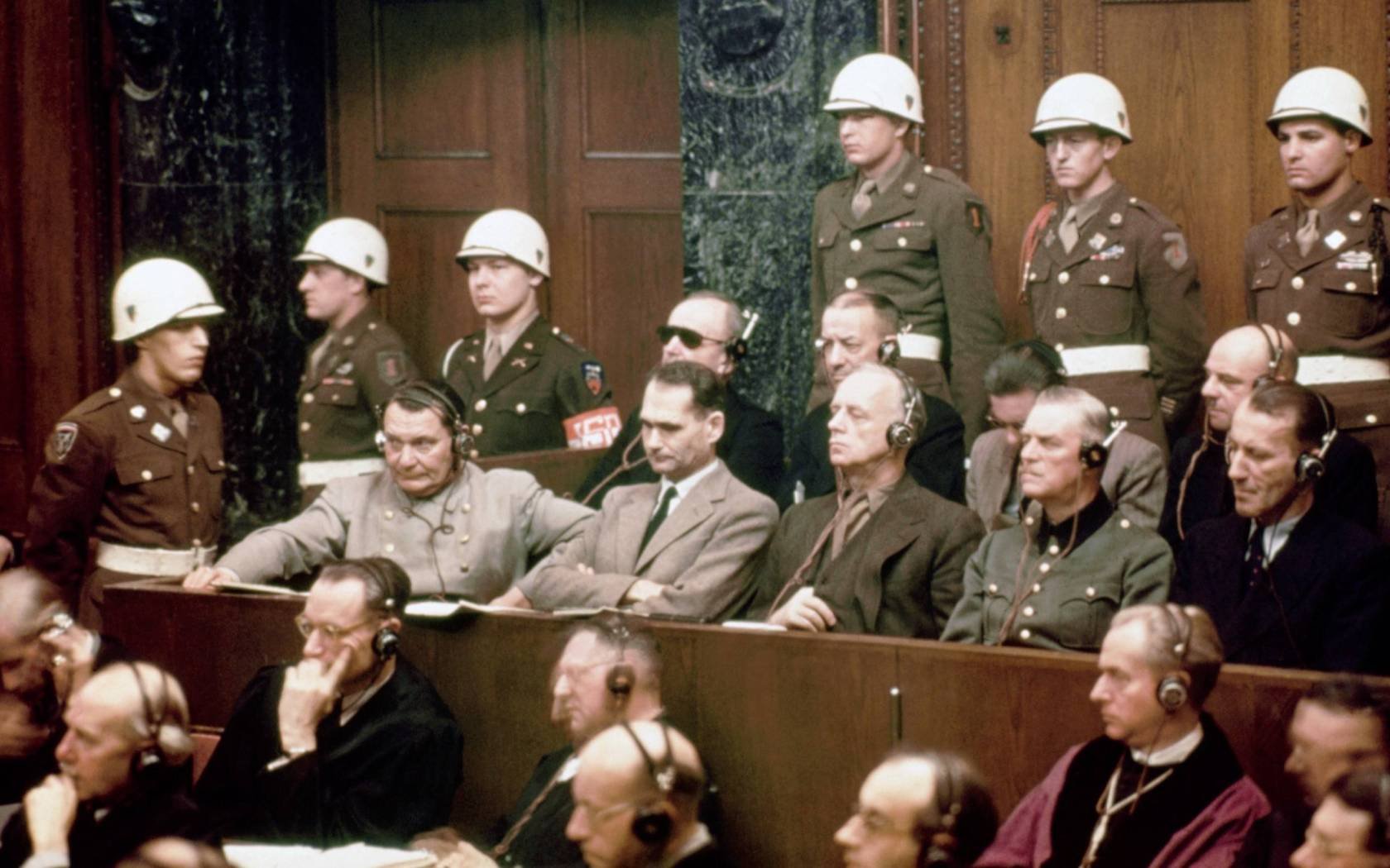 A photo of the defendants at the Nuremberg Trial in 1946.