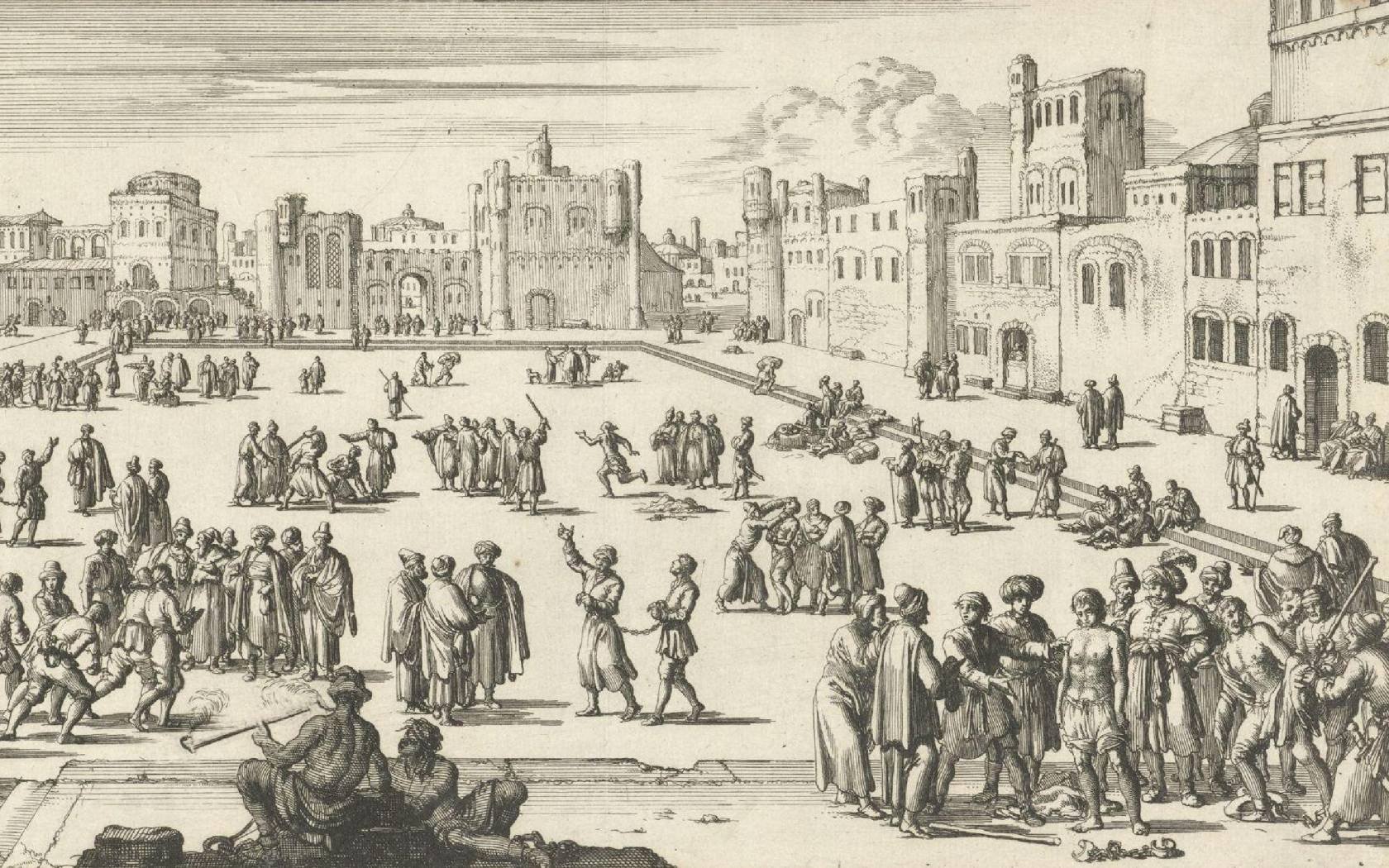 A print depicting Christian prisoners sold at a slave market in Algiers.