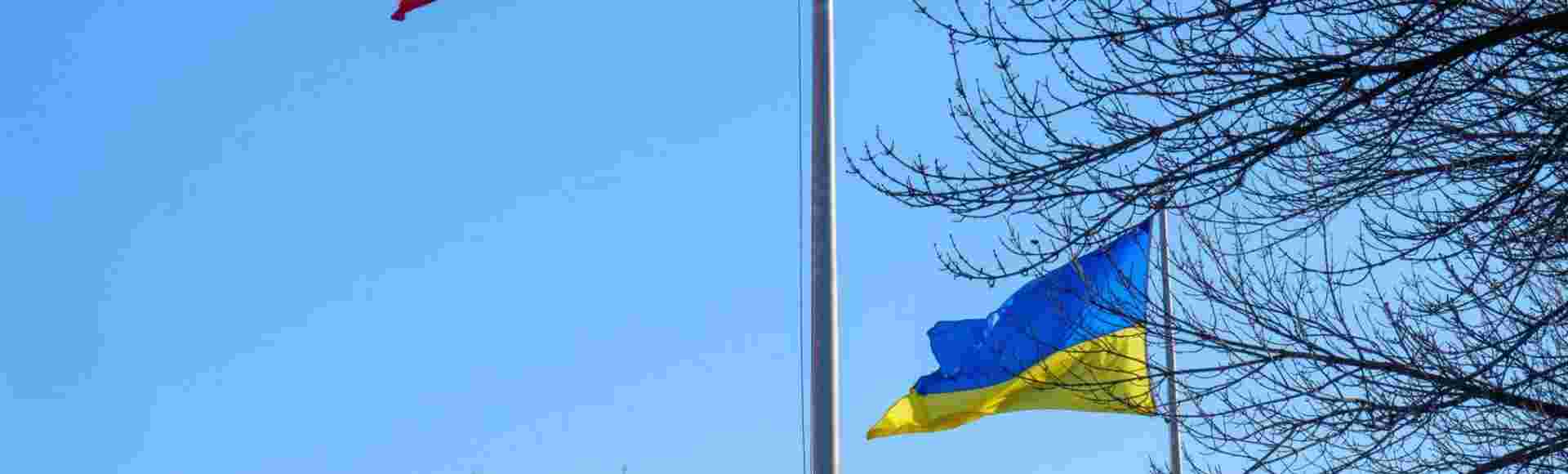 The flags of the United States and Ukraine flying side by side.