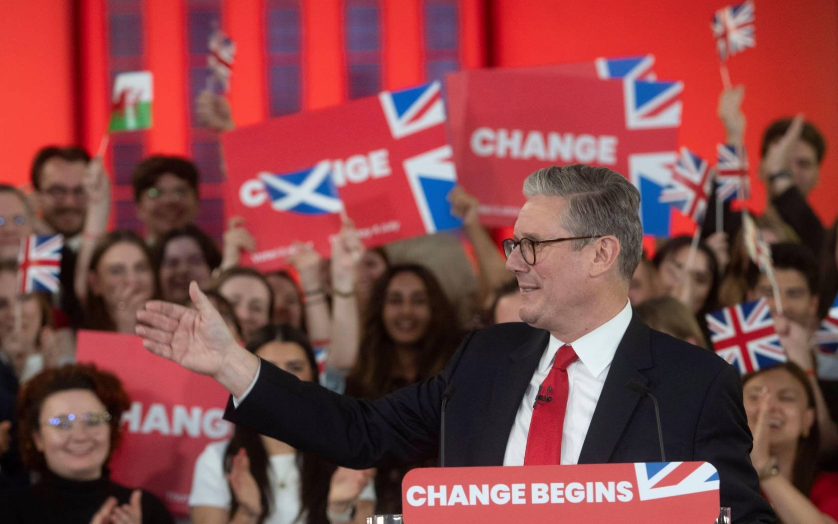Labour leader Sir Keir Starmer speaks to supporters at a watch party for the results of the 2024 General Election in central London, as the party appears on course for a landslide win in the 2024 General Election.