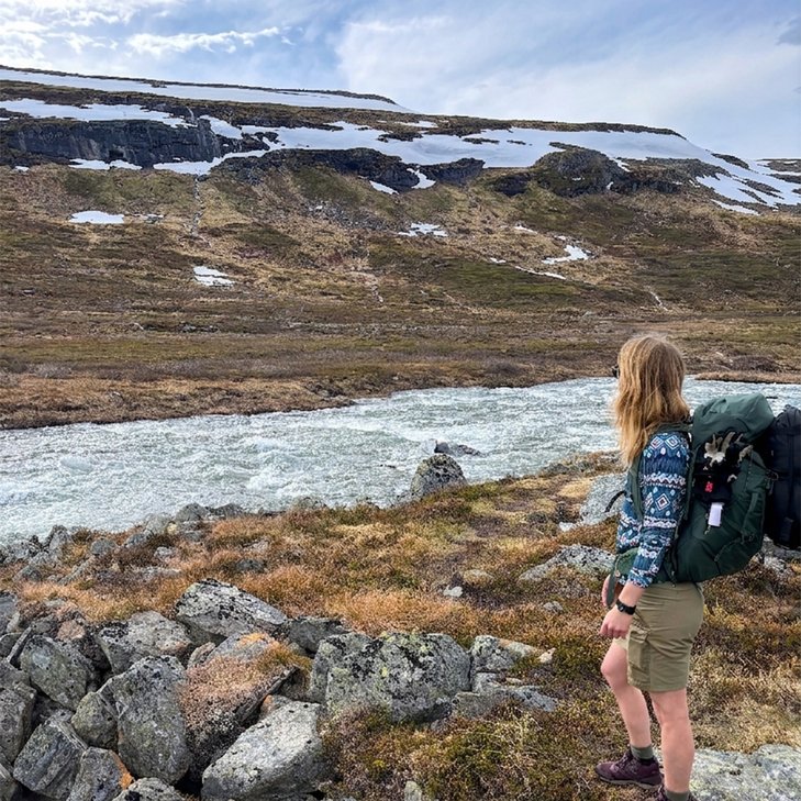 kvinna kollar ut mot en jokk och sn&ouml;t&auml;ckt fj&auml;ll en sommardag i shorts