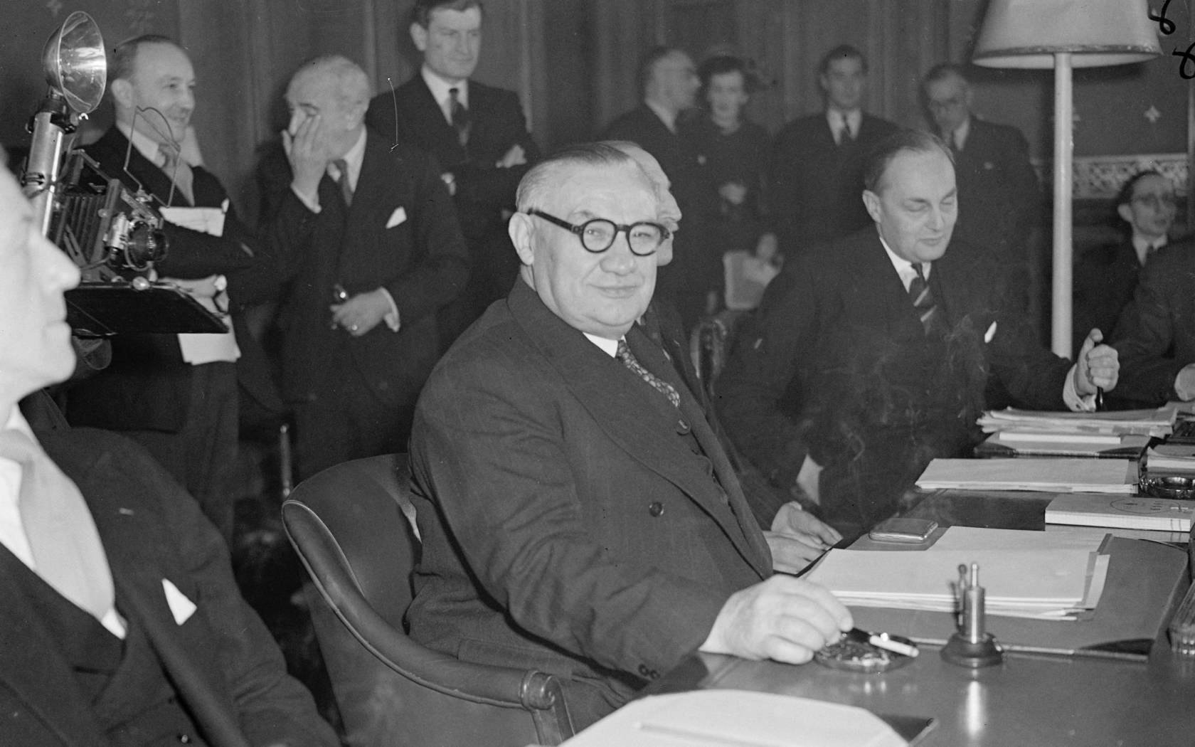 Government ministers, including Britain's Ernest Bevin, meet for talks on the Western European defence scheme.