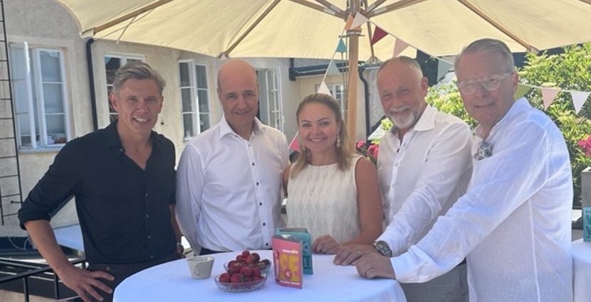 Tommy Myllymäki, Fredrik Reinfeldt, Anna Wallén, Jonas Siljhammar och Fredrik Eriksson kommer till Almedalen 2025. FOTO: Visita