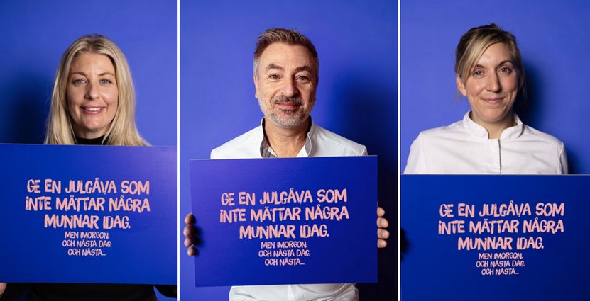 Frida Ronge, Tareq Taylor och Tea Malmegård <br />
är några av kockarna som frontar i julkampanjen. Foto: The Hunger Project 
