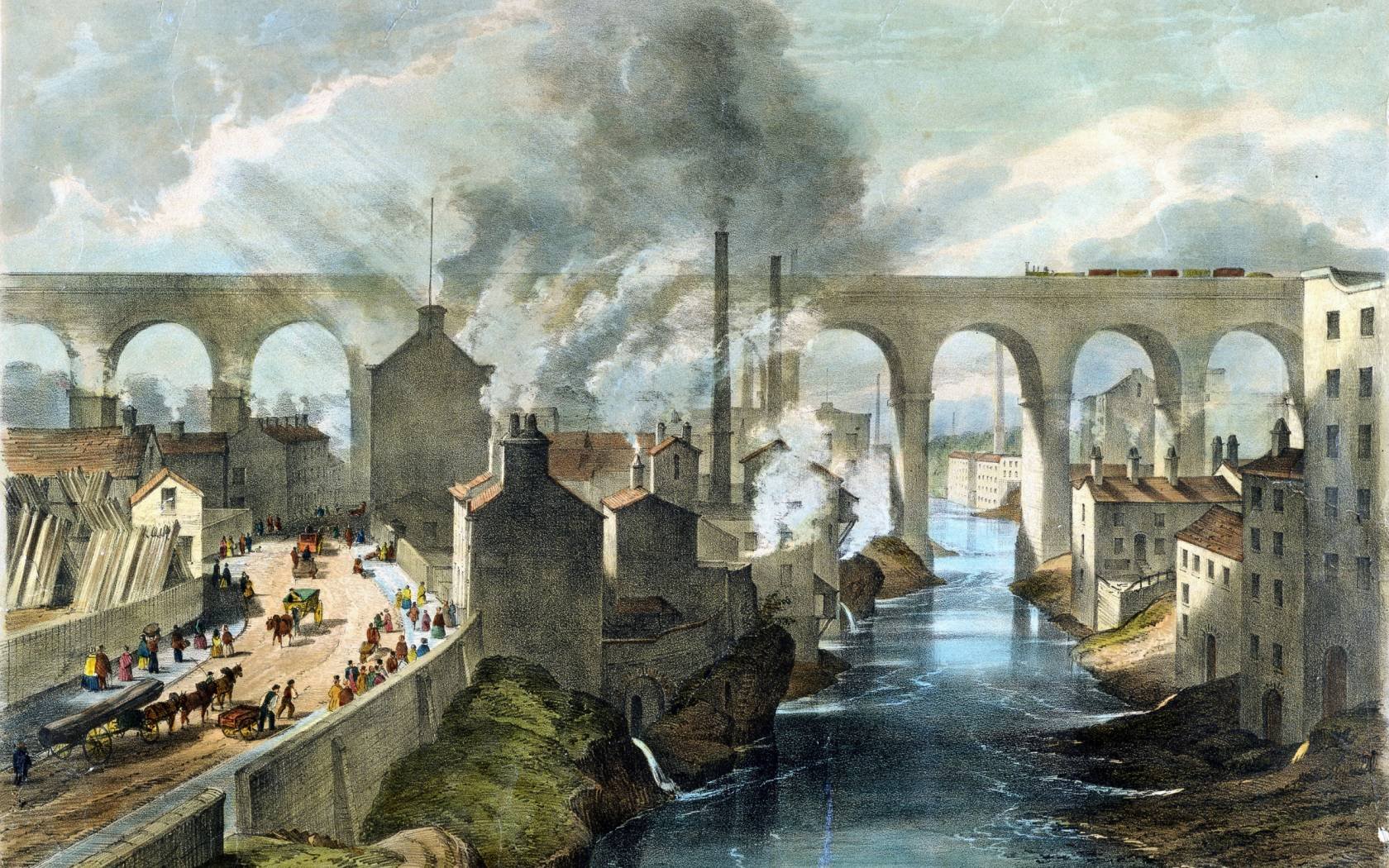 Train crossing Stockport viaduct on the London & North Western Railway, c 1845.