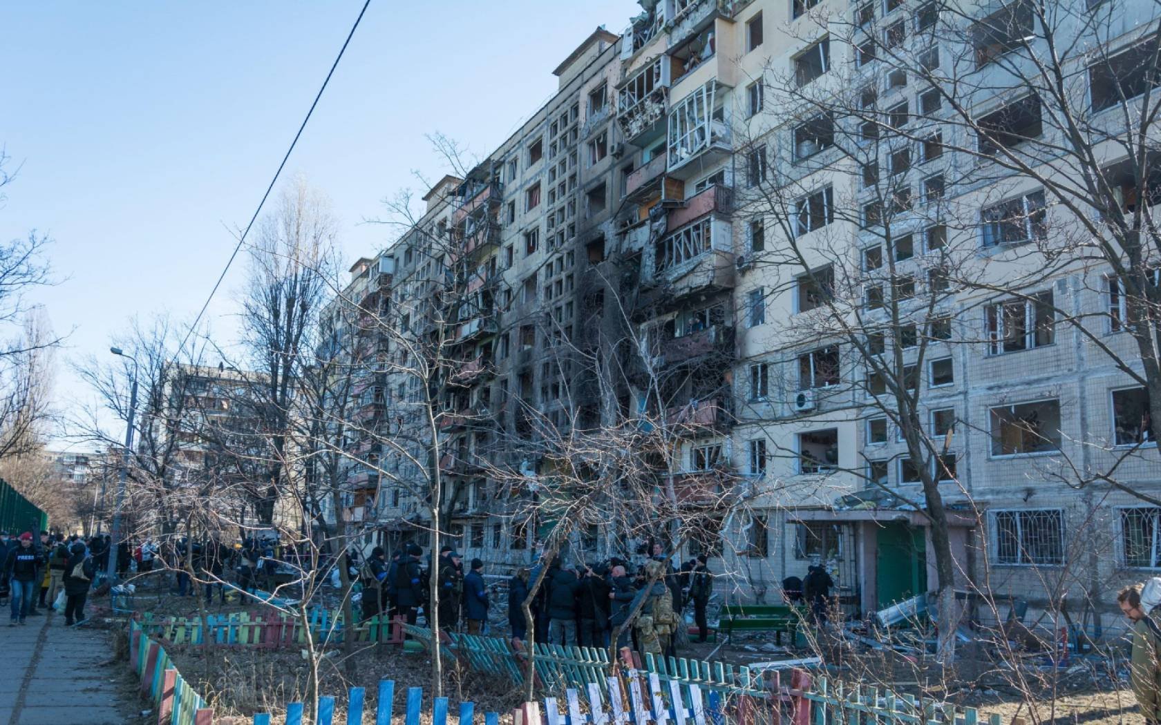 Destruction of an apartment building in Kyiv, Ukraine.