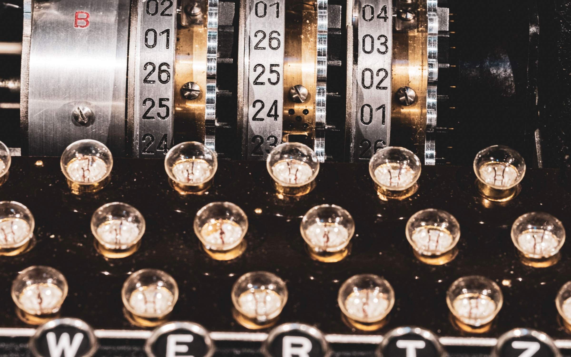 The plugboard, keyboard and rotors from a German Enigma machine.