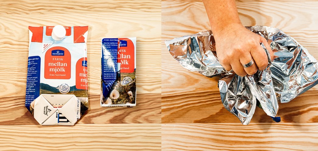 Ihopvikta mjölkkartonger och plastpåsar