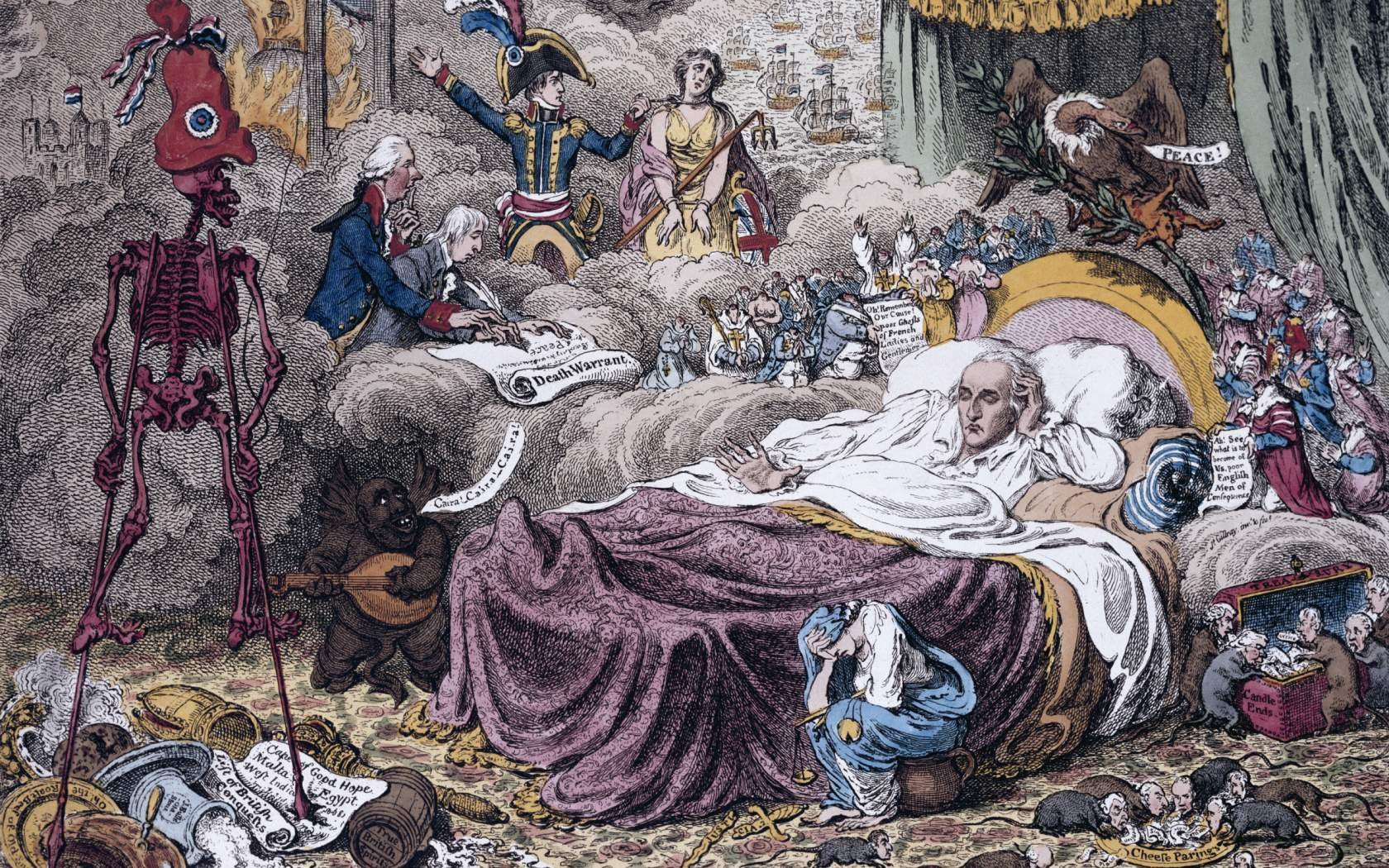 A political caricature, 'Political Dreams, Visions of Peace, Perspective Horrors', by James Gillray of Pitt the Younger.
