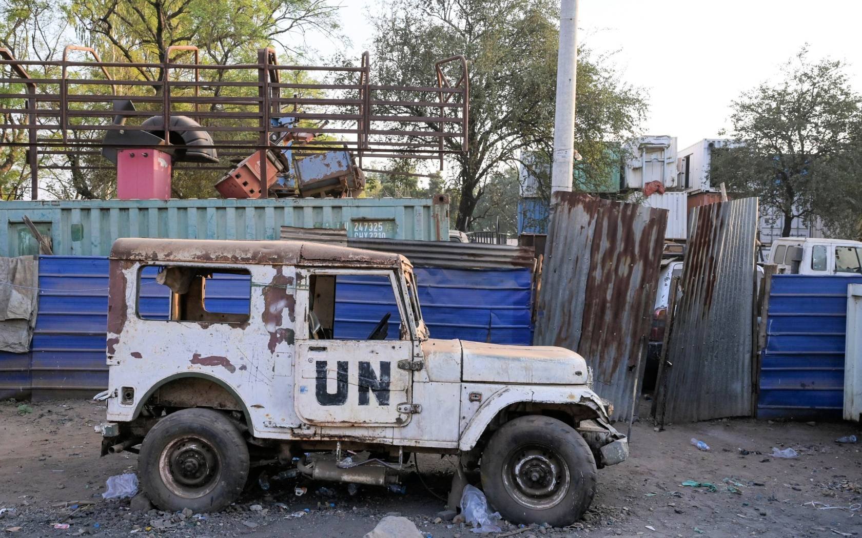 A ruined UN van in Sudan.
