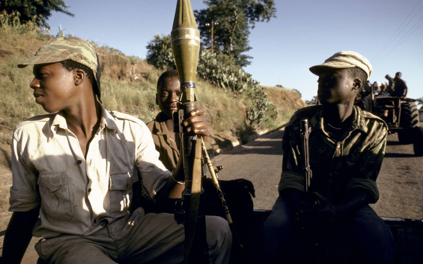 Soldiers in a Mozambican military convoy.