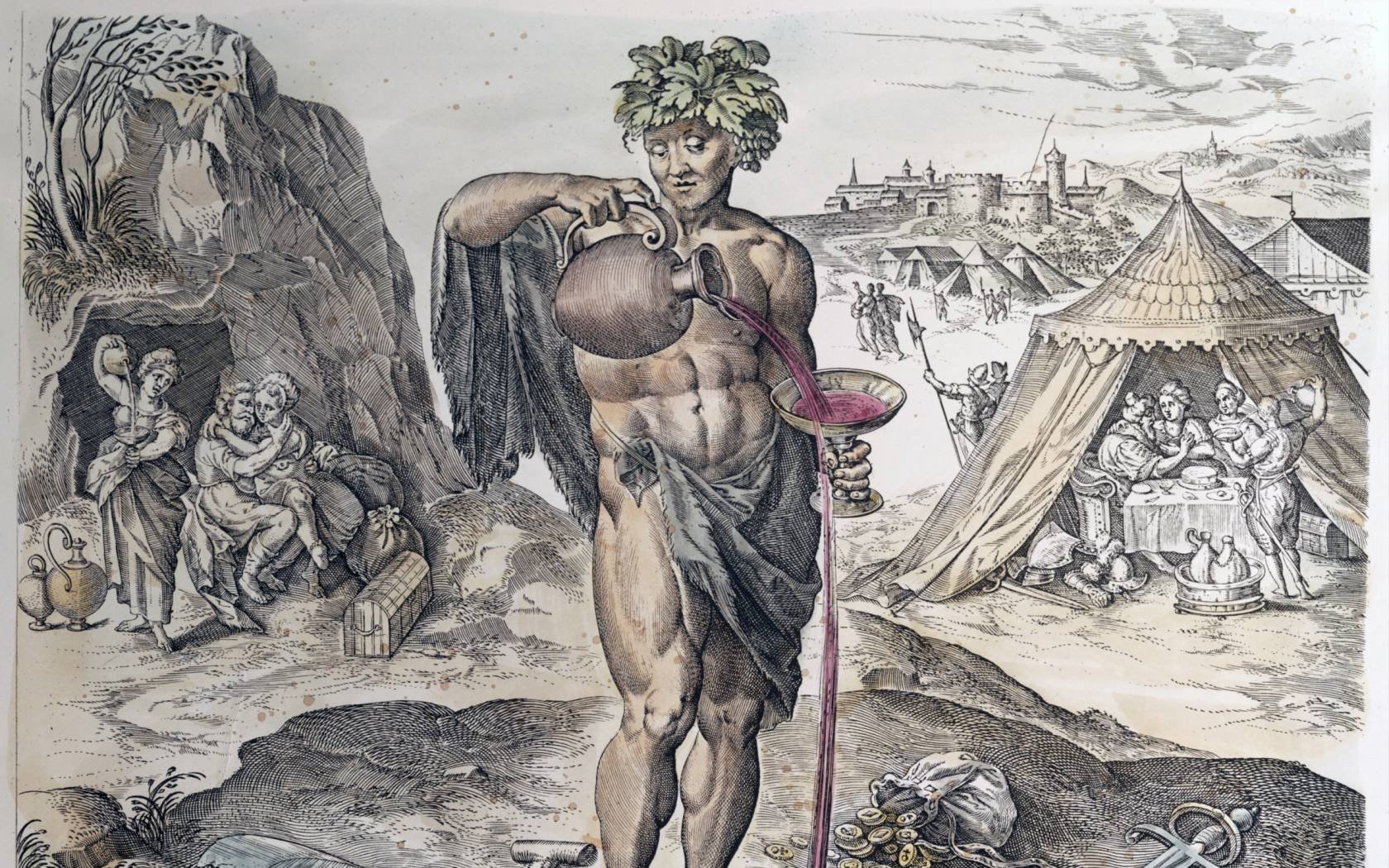 Dionysus, the Greek god of wine. An engraving after Ambrosius Francken, circa 1605.