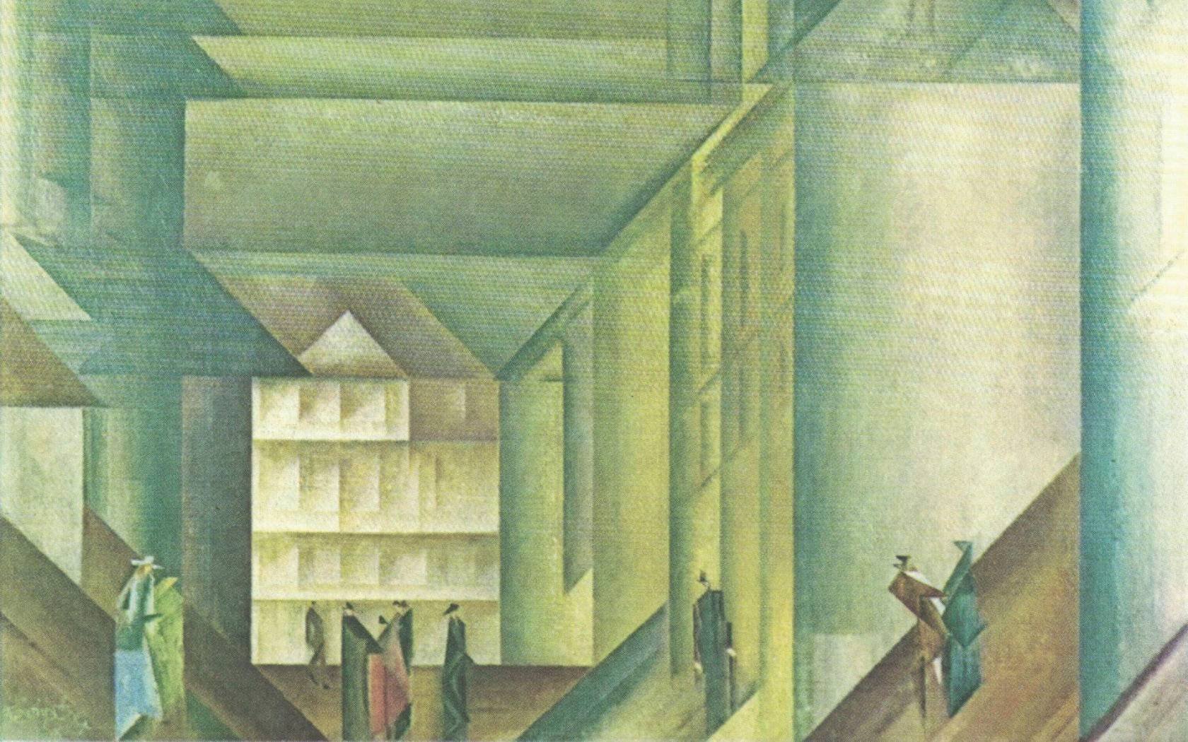 The Square also Behind the Church, 1916, oil on canvas. Painting by Lyonel Feininger. One of the many paintings in Tekla Hess's collection.