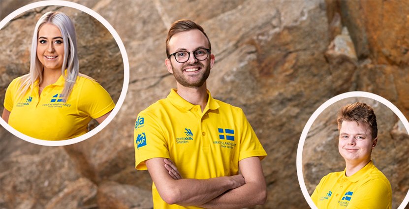 Jolanda Edwardsson, (servering), Elias Larsson (reception),<br />
och Willian Brittsjö, (kock) tävlar för Sverige i Worldskills. Foto: Pressbild