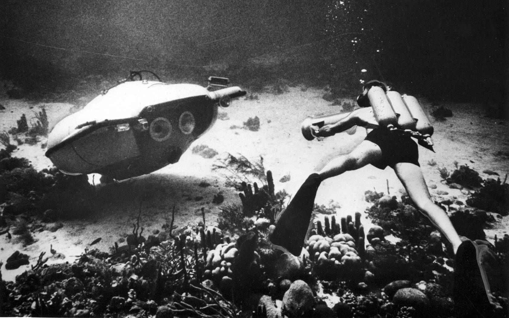 An underseas exploration vehicle designed and built by Capt. Jacques-Yves Cousteau.