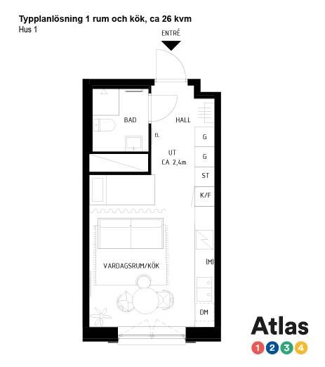 Typplanlösning Hus 1, 1 rum och kök