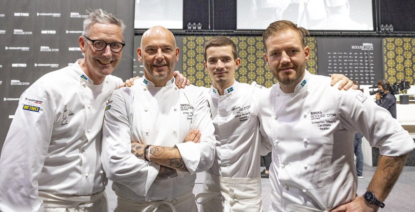 Team Sweden inför prisutdelningen i Bocuse d'Or 2021. Henrik Norström, Jonas Dahlbom, Jakob Persson, Sebastian Gibrand. Foto: Pressbild