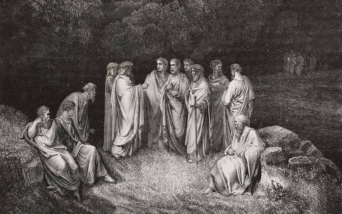 Dante meets the souls of great poets in Limbo, four of whom come forward, Homer, Horace, Ovid and Lucan.