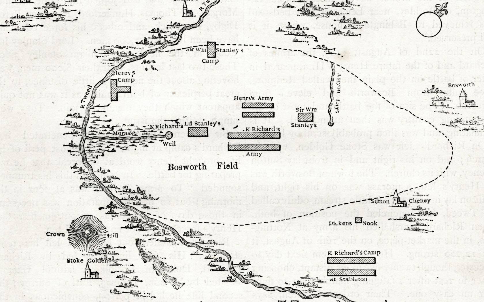 Plan of the Battle of Bosworth towards the end of the Wars of the Roses (1455-1487).