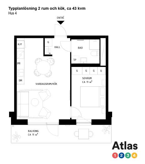Typplanlösning Hus 4, 2 rum och kök