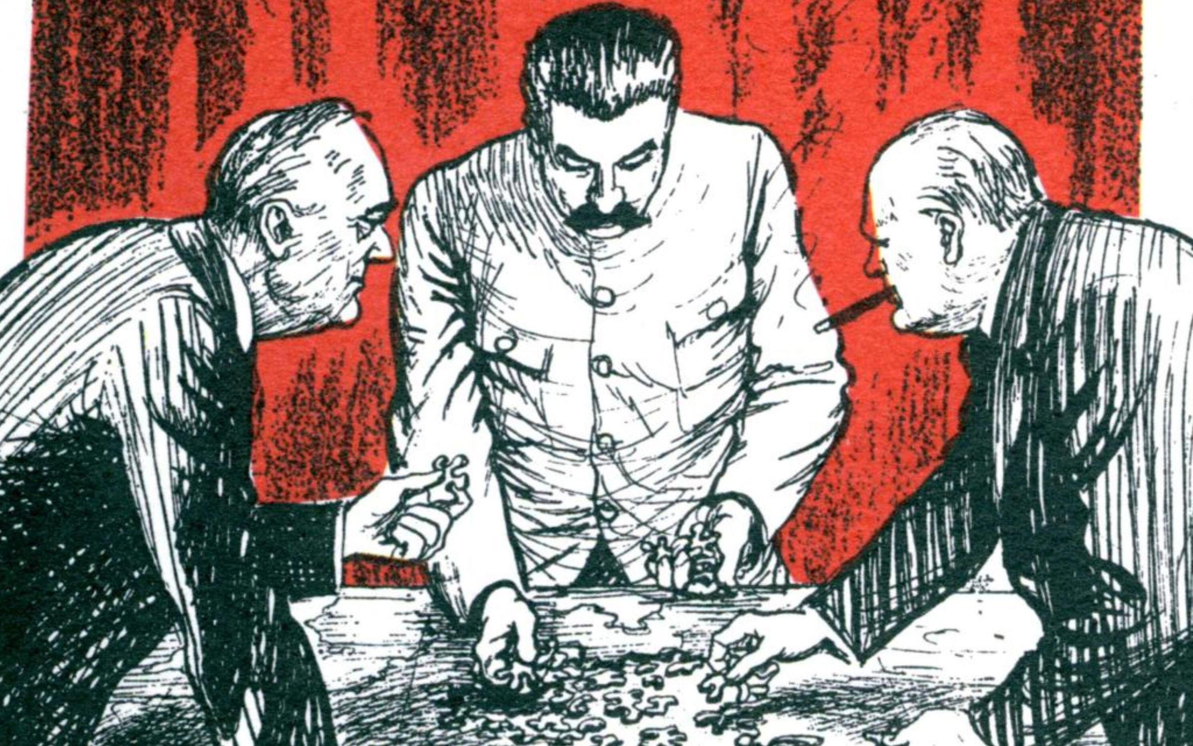 Cartoon from Punch magazine showing from Roosevelt, Stalin and Churchill at the Yalta Conference in February 1945.