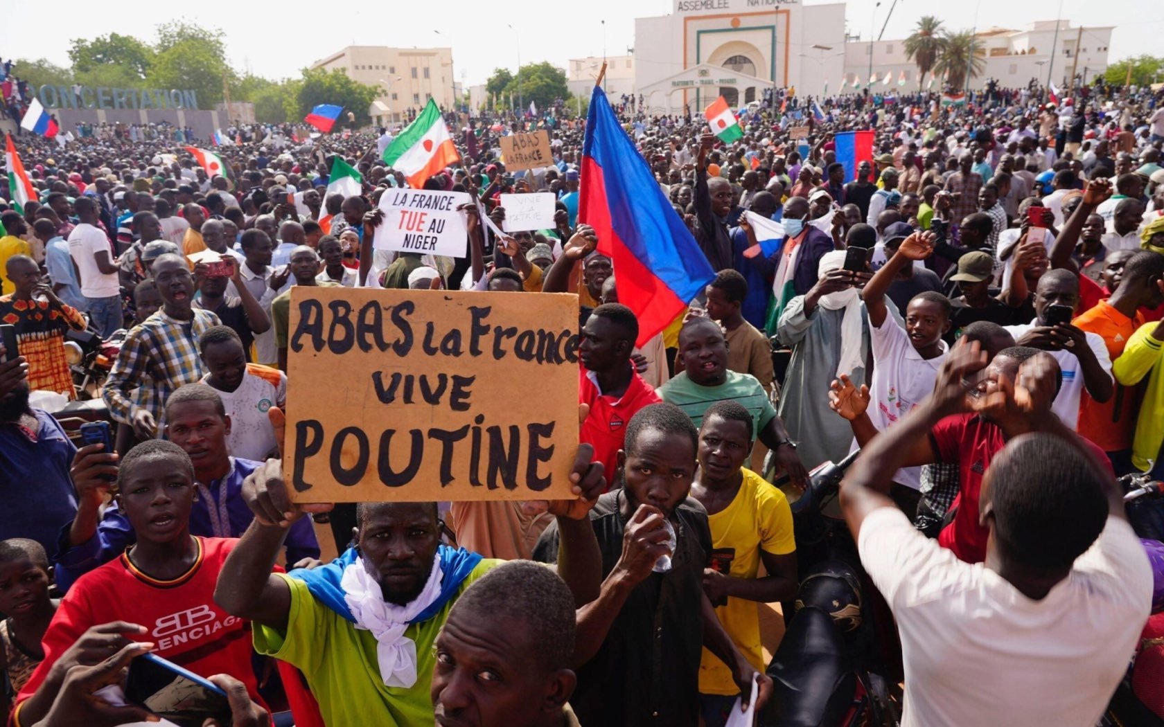 Supporters of coup leader Gen. Abdourahmane Tchiani in Niamey, Niger, Sunday, July 30, 2023.